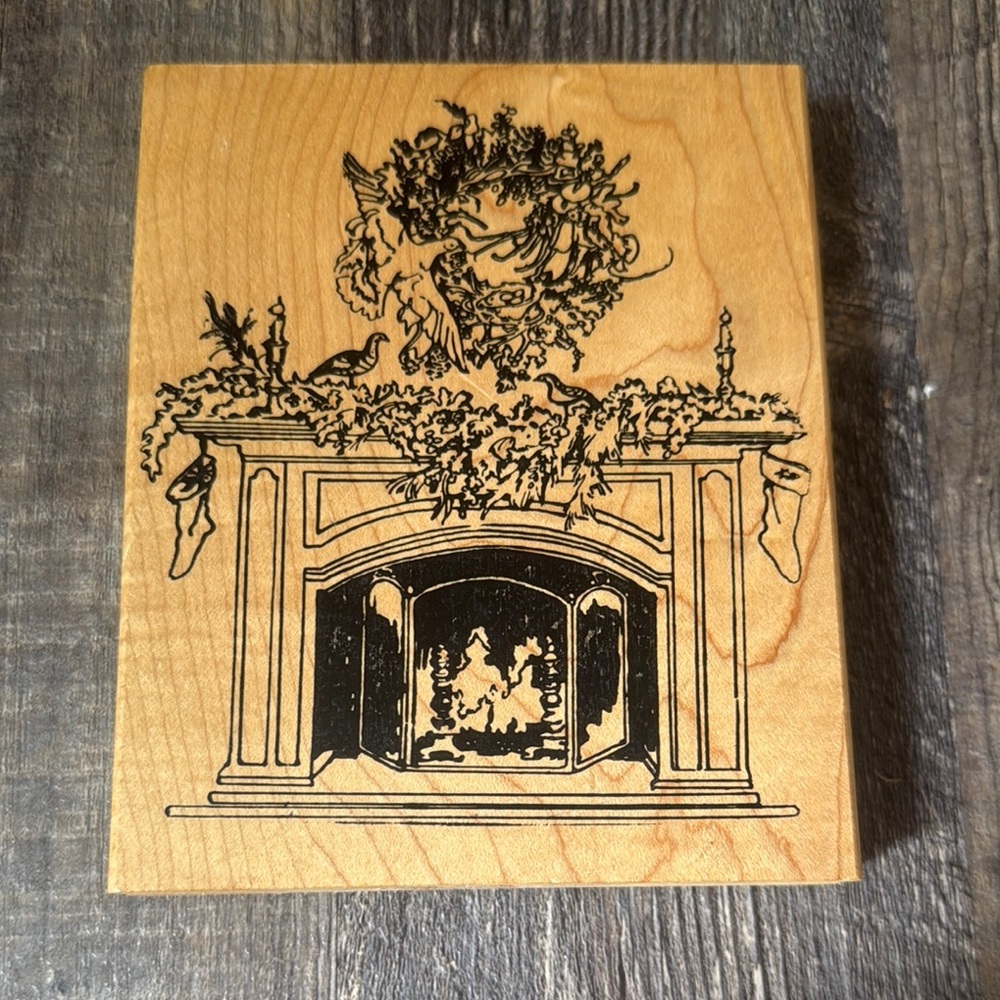 Arizona Stamps Large Christmas Fireplace Wreath Stamp Wood Mounted
